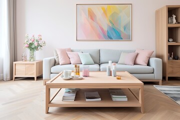 Bright Pastel Living Room Bliss: Chic Apartments with Wooden Coffee Tables