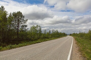 Fototapeta na wymiar E8 road view at Kilpisjärvi in summer, Enontekiö, Lapland, Finland.