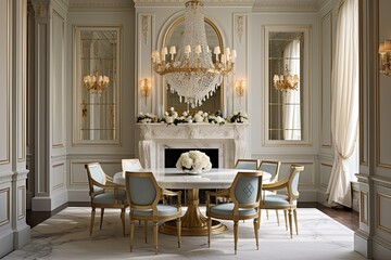 Golden Elegance: Luxurious Dining Room with White Marble Table and Stunning Chandelier