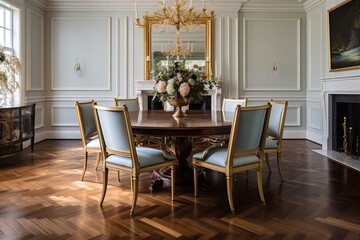 Fototapeta na wymiar Herringbone Elegance: Classic Dining Room Designs with Gold Leaf Accents