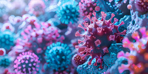 Abstract bacteria probiotics gram-positive bacteria and viruses A blue and pink of a virus A detailed view of a coronavirus particle under the microscope showing its characteristic spikes.