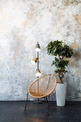 Chair, lamp, and potted plant beautify the room with wood and plant life