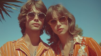 Stylish and beautiful couple dressed in 70s fashion, exuding retro vibes and vintage style