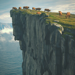 Herd of highland cows standing on a cliff
