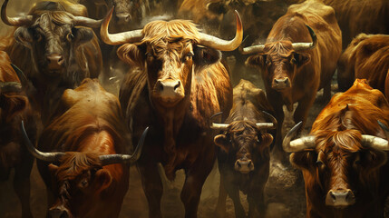 Image of a herd of highland bulls - obrazy, fototapety, plakaty