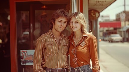 Stylish and beautiful couple dressed in 70s fashion, exuding retro vibes and vintage style