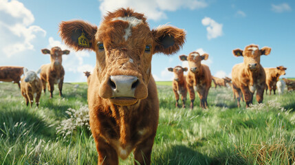 Herd of brown and white calves in the meadow