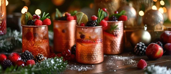 Fotobehang Festive Moscow mule with seasonal fruits in a charming space © Emin
