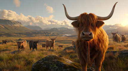 Herd of highland cows on the meadow - obrazy, fototapety, plakaty