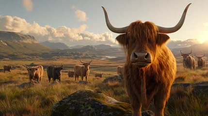 Photo sur Plexiglas Highlander écossais Herd of highland cows on the meadow