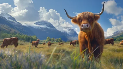 Papier Peint photo Highlander écossais Herd of highland cows in a mountain meadow