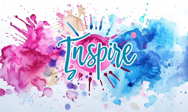 Inspire - motivational message. Modern calligraphy inspirational text on multicolored watercolor paint splash.