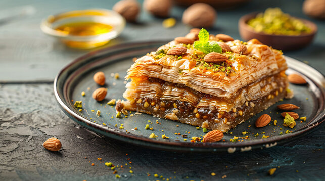 Turkish Baklava Layered with Nuts and Honey on Plate