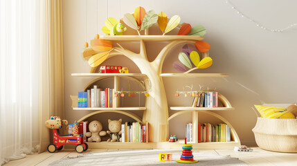 Children's interior with tree-shaped bookshelves. Storage concept. Pastel beige colors. Generative AI