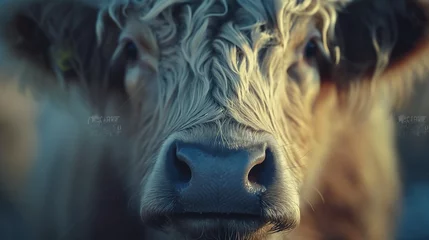 Papier Peint photo Lavable Highlander écossais Cinematic clsoe-up Highland cow