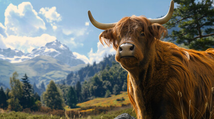 Highland cow in mountains