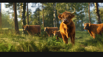 Herd of Highland cows in the  forest