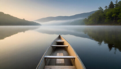 Artistic Photography of a Canoe on Tranquil Lake at Dawn with Soft Morning Light