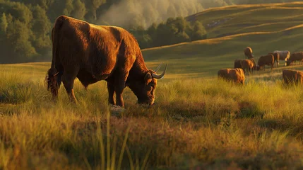 Papier Peint photo Lavable Highlander écossais Highland cows eating grass on the meadow
