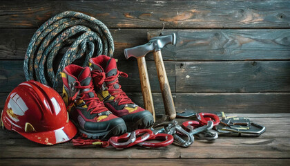 Climbing Gear: Helmet, Hammer, Carabiner, Trekking Shoes, and More Arranged on Wooden Background - obrazy, fototapety, plakaty
