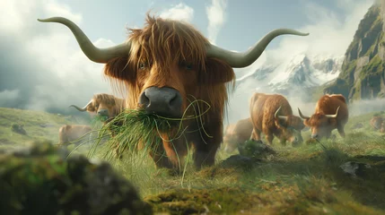 Papier Peint photo Highlander écossais Highland cows eating grass in mountains