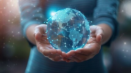 View of a Businessman holding a 3d rendering globe with network connections