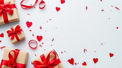 valentine day background with gift boxes red ribbon and hearts on white background top view flat lay