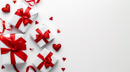 valentine day background with gift boxes red ribbon and hearts on white background top view flat lay