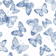 Cute butterflies hand-drawn digital watercolour seamless pattern. Animalistic design raster texture. Colourful, vibrant illustration on white background. Beautiful pastel creatures wallpaper design