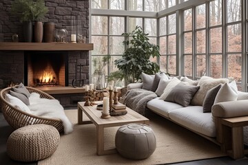 Fototapeta premium Cozy Contemporary Sunroom Decor: Fireplace-Inspired Ideas for Winter Mornings