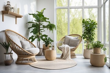Fototapeta na wymiar Sunlit Sensation: Modern Sunroom Decor with Indoor Plants, Minimalist Table, and Natural Light