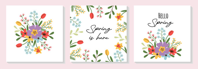 Set of Women's Day greeting cards with beautiful flowers, floral frame, branches, bouquets. Mother's Day templates.