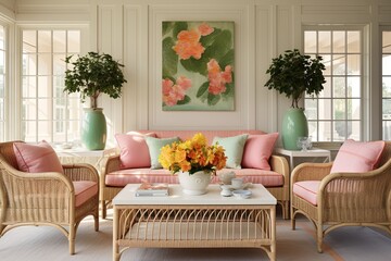 Fototapeta na wymiar Bright Pastel Living Room vibes in Country Homes adorned with Rattan Furniture