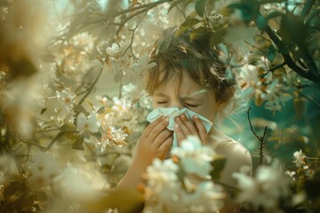 Child sneezing into handkerchief, spring, flowering plants, concept allergy