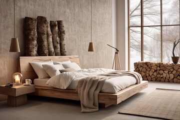 Organic Minimalist Bedroom in Country Houses with Log Side Tables