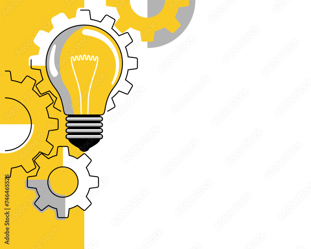 Poster lightbulb in thin line with gears with copy space