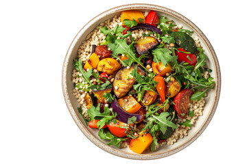 Moroccan-style salad with couscous, roasted vegetables and aromatic spices. on a white background
