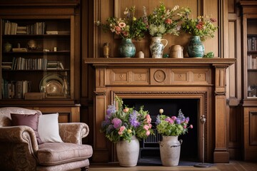 Fototapeta na wymiar Neo-Victorian Countryside Retreat: Intricate Woodwork, Fresh Flower Vase & Living Room