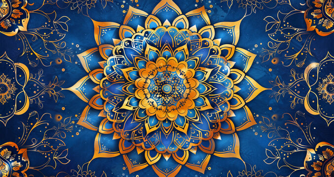 Bluish Golden Mandalas with complex Indian designs on a banner as wallpaper