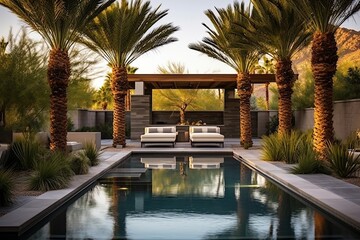 Contemporary Desert Pool Oasis: Palm Tree Corners in Landscape Design