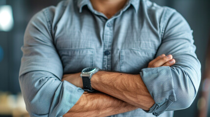 Young businessman wearing shirt standing with his arms folded, he is wearing a watch in his hand