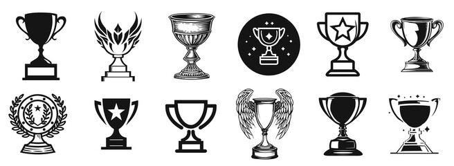 Trophy award cup icon collection, on transparent background, Trophy Cup Vector silhouette 
