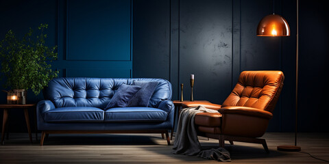 Living room with dark sofa on blue wall, Living room with sofa on dark blue wall interior design

