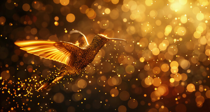 Wallpaper image of a golden hummingbird on a golden background
