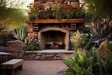 Rustic Stone Fireplace in Desert Landscape: Desert-Inspired Flora Designs