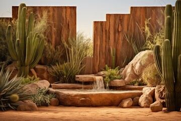 Tranquil Desert Oasis: Serene Fountain Amidst Desert Stone Textures
