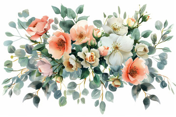 A vibrant arrangement of watercolor flowers and leaves, featuring soft pink and white blossoms paired with lush green eucalyptus.