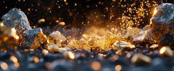 Stone, shiny crystals.Textured background with exploding particles, golden elements, lights. explosion of rocks. Generative ai.