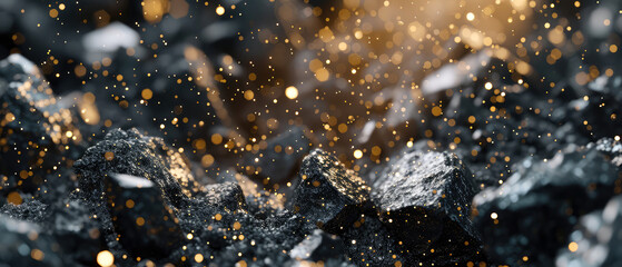 Stone, shiny crystals.Textured background with exploding particles, golden elements, lights. explosion of rocks. Generative ai. - obrazy, fototapety, plakaty