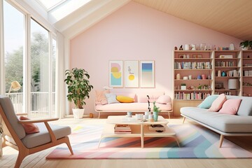 Dutch-Inspired Bright Pastel Living Room: Minimalist Furniture Wonderland